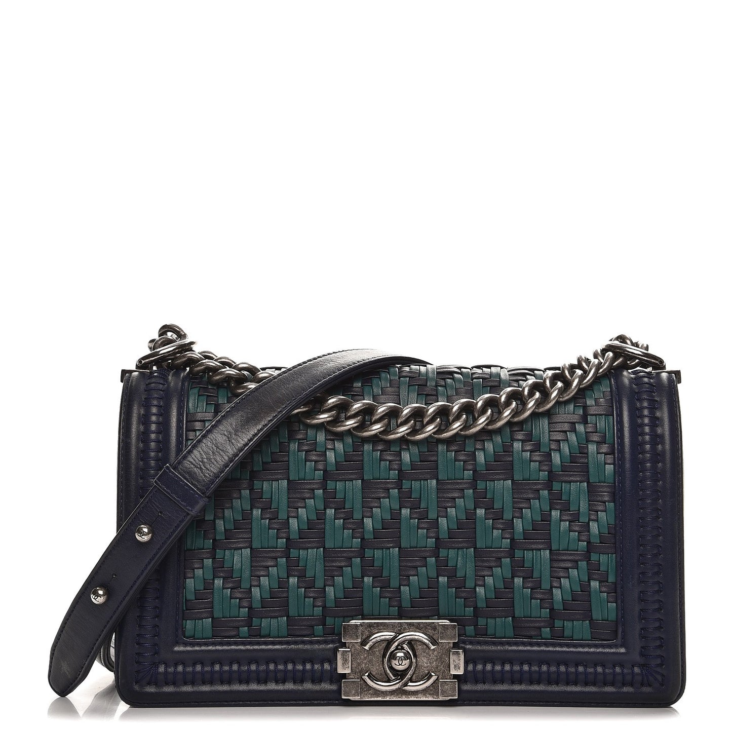 Calfskin Woven Medium Boy Flap Navy Green