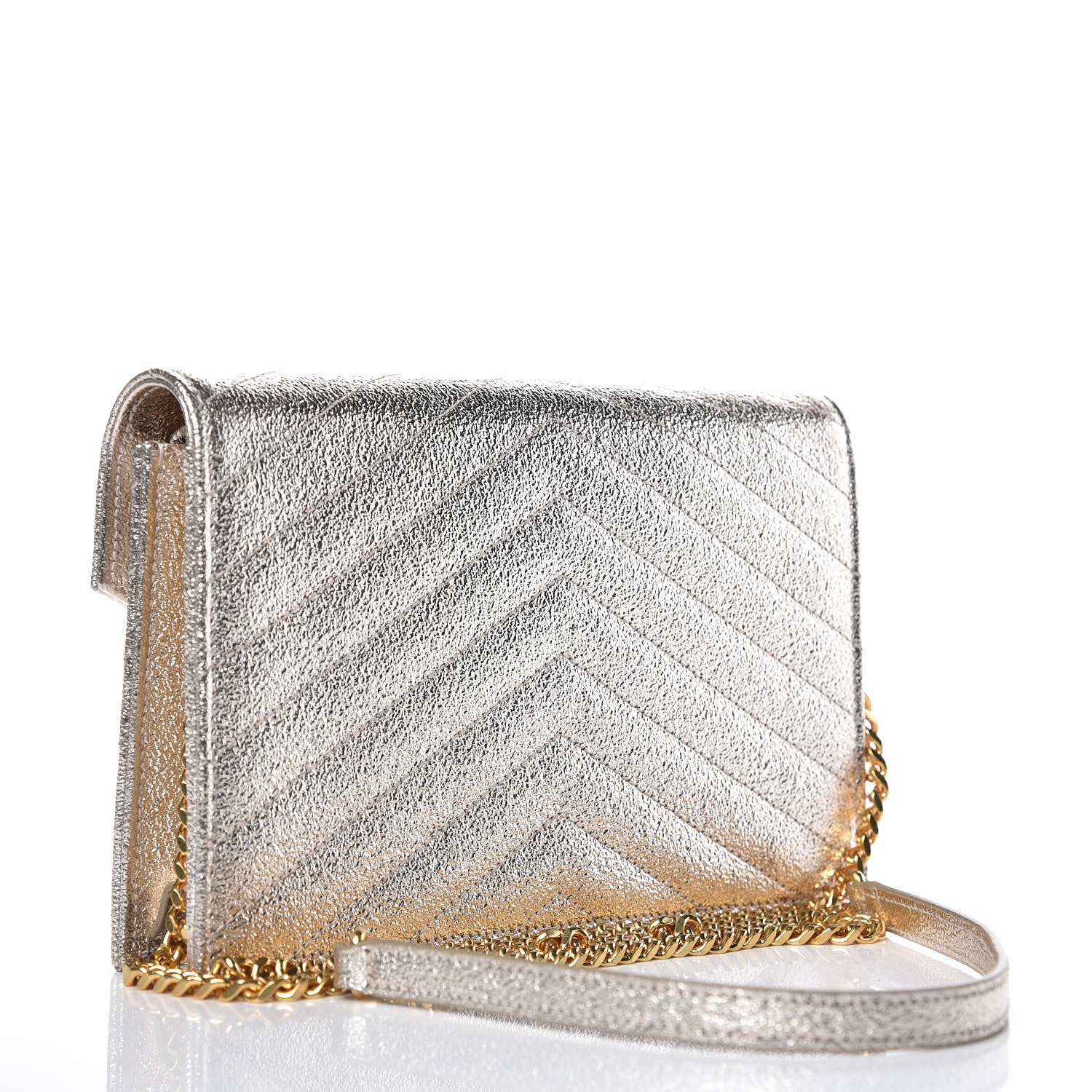 Saint Laurent Metallic Crackled Calfskin Matelasse Chevron Monogram Envelope Chain Wallet Gold 3 of 8