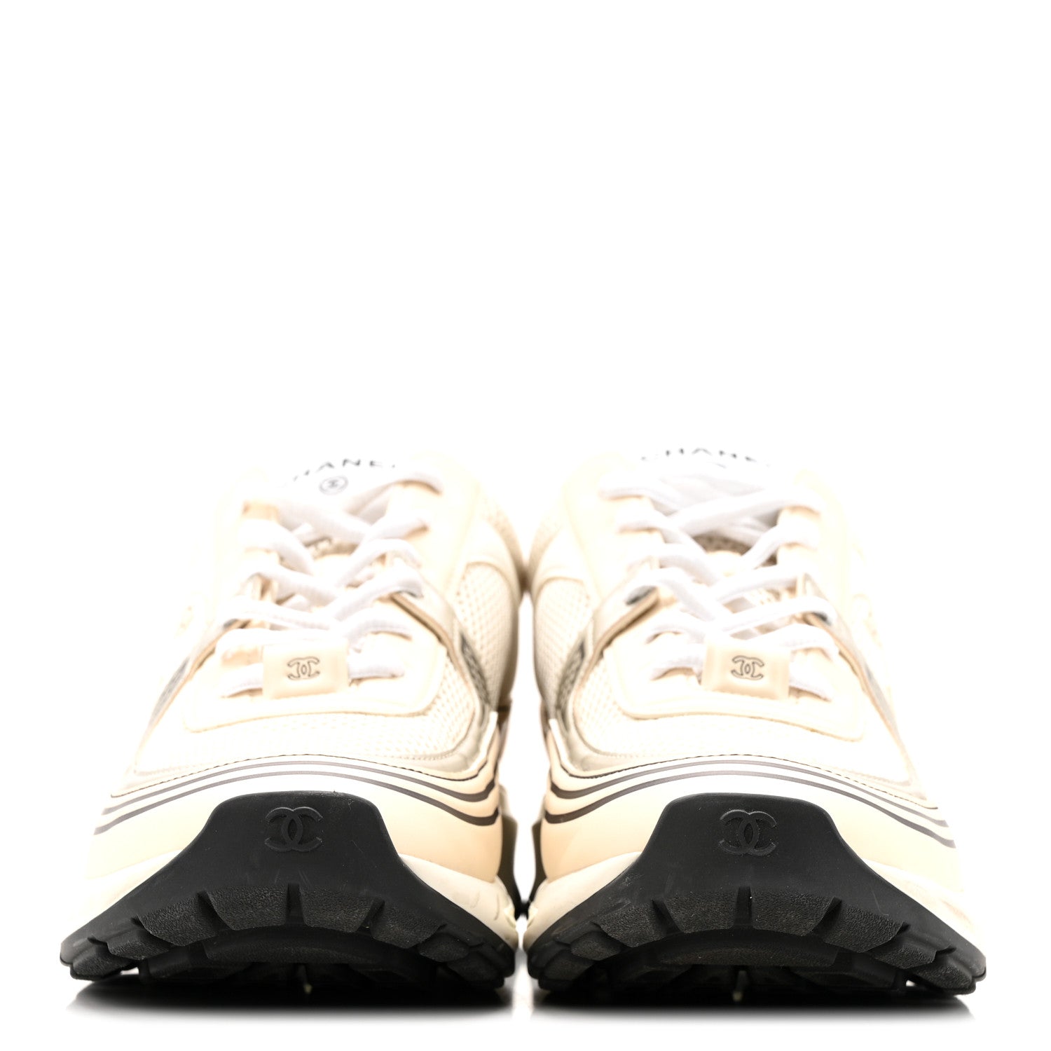 Chanel Fabric Laminated Calfskin Stretch CC Sneakers 37 Ivory White Silver 3 of 14
