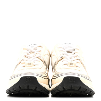 Chanel Fabric Laminated Calfskin Stretch CC Sneakers 37 Ivory White Silver 3 of 14
