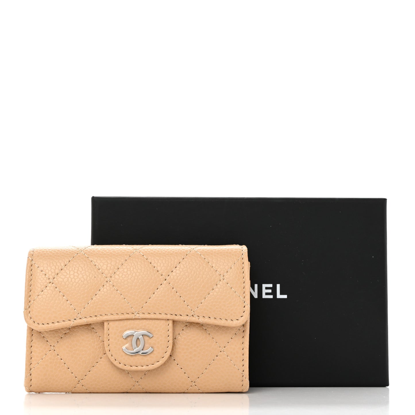 Caviar Quilted Flap Card Holder Wallet Beige