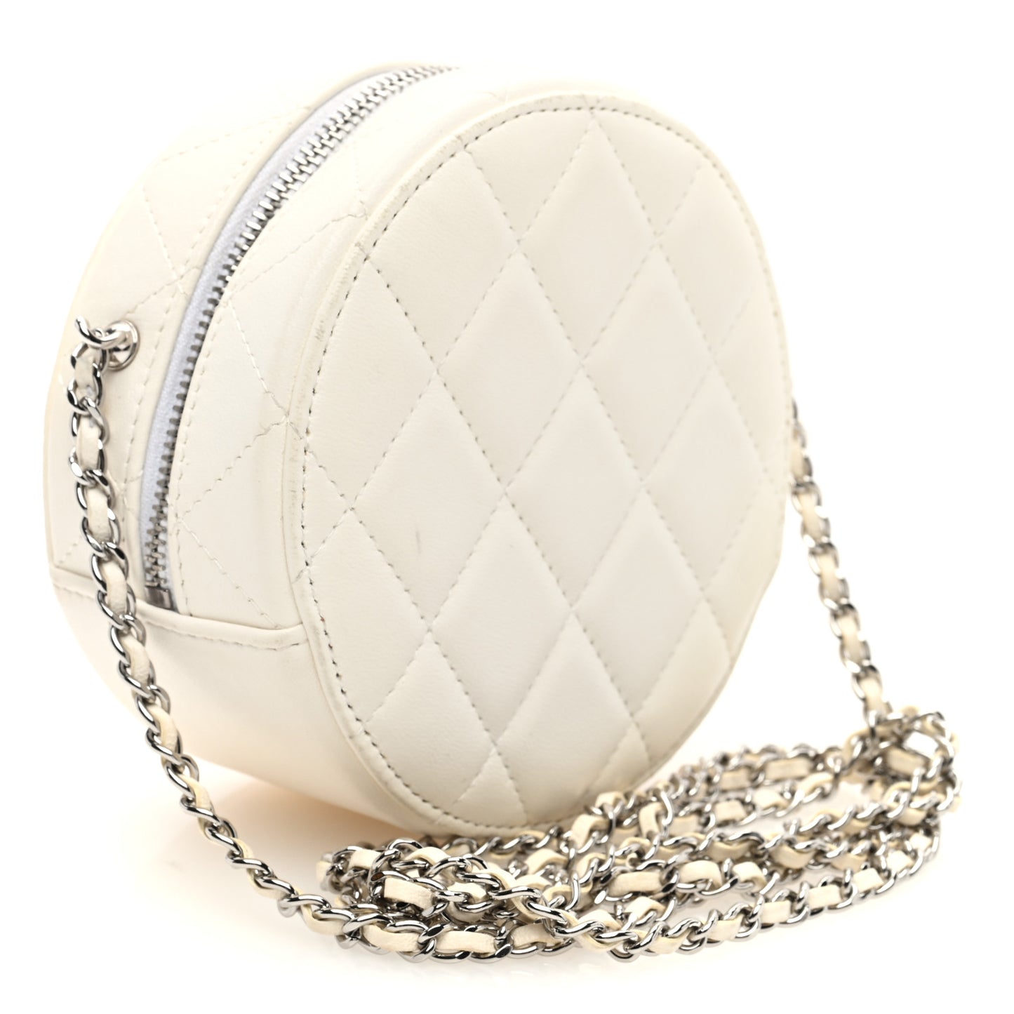 Lambskin Metal Quilted Round Clutch With Chain White Silver