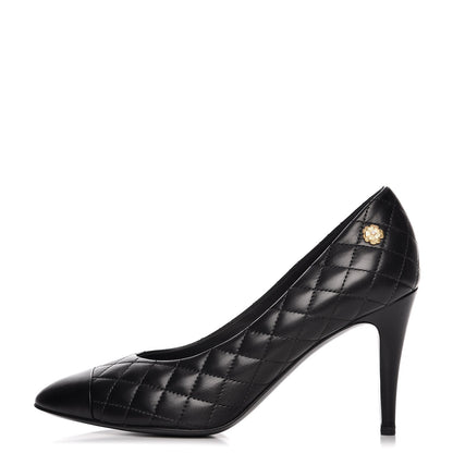 Chanel Calfskin Quilted Cap Toe Camellia Pumps 37.5 Black 1 of 8