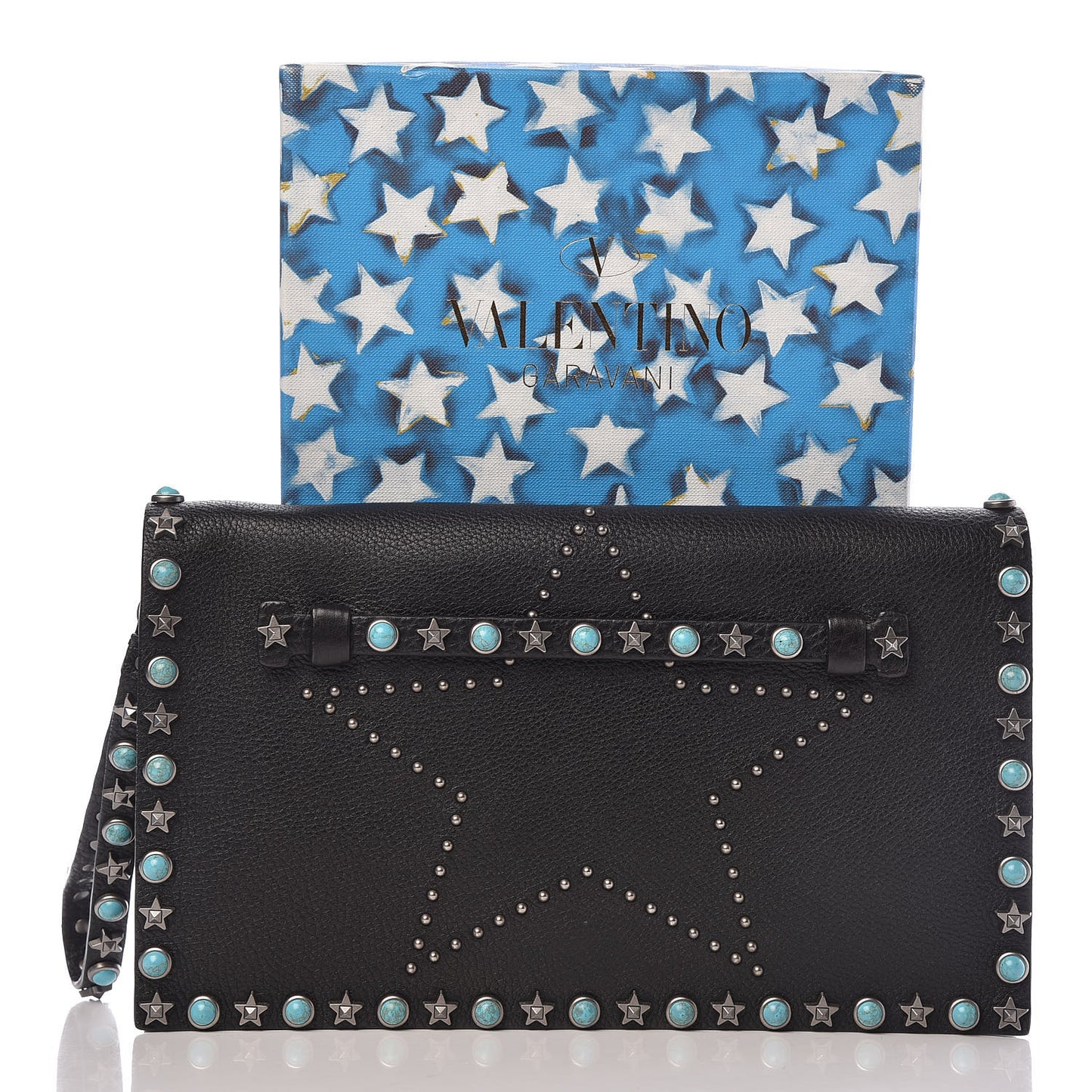 Pebbled Calfskin Star Rockstud Rolling Wristlet Clutch Black