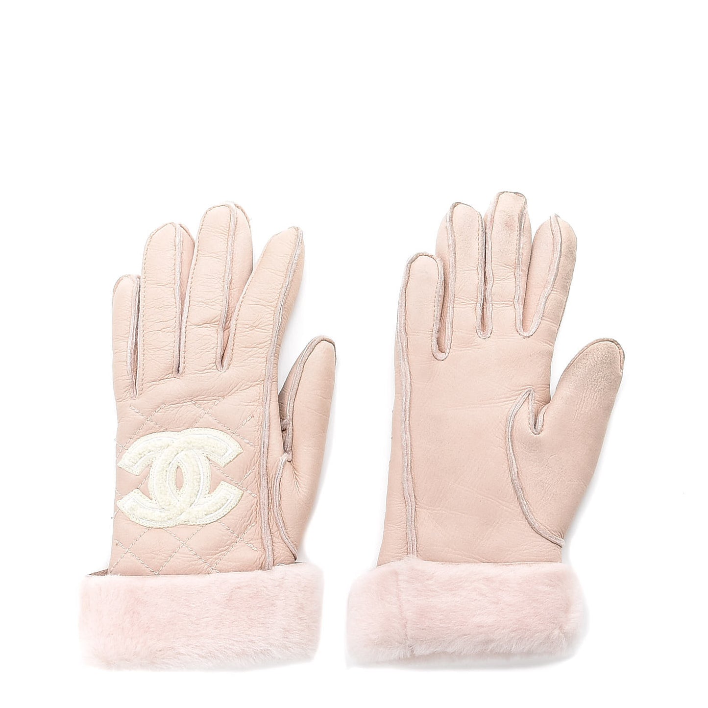 Shearling Quilted CC Gloves 7.5 Light Pink