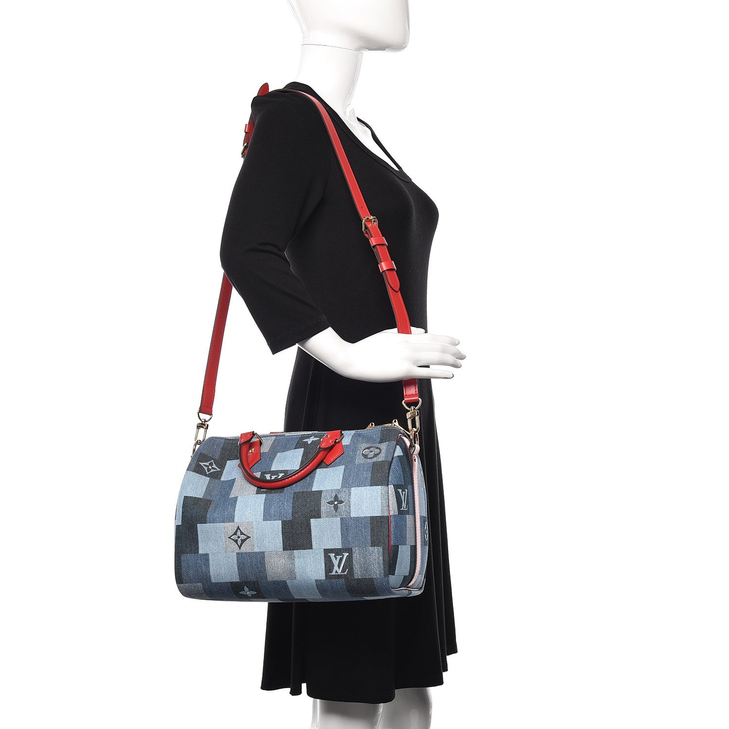 Denim Damier Monogram Patchwork Speedy Bandouliere 30 Blue Rouge