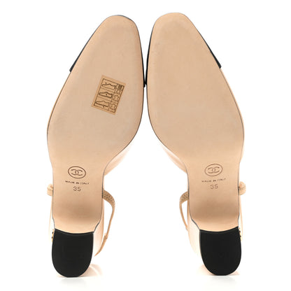 Chanel Goatskin Grosgrain Cap Toe CC Slingback Pumps 35 Beige Black 5 of 9