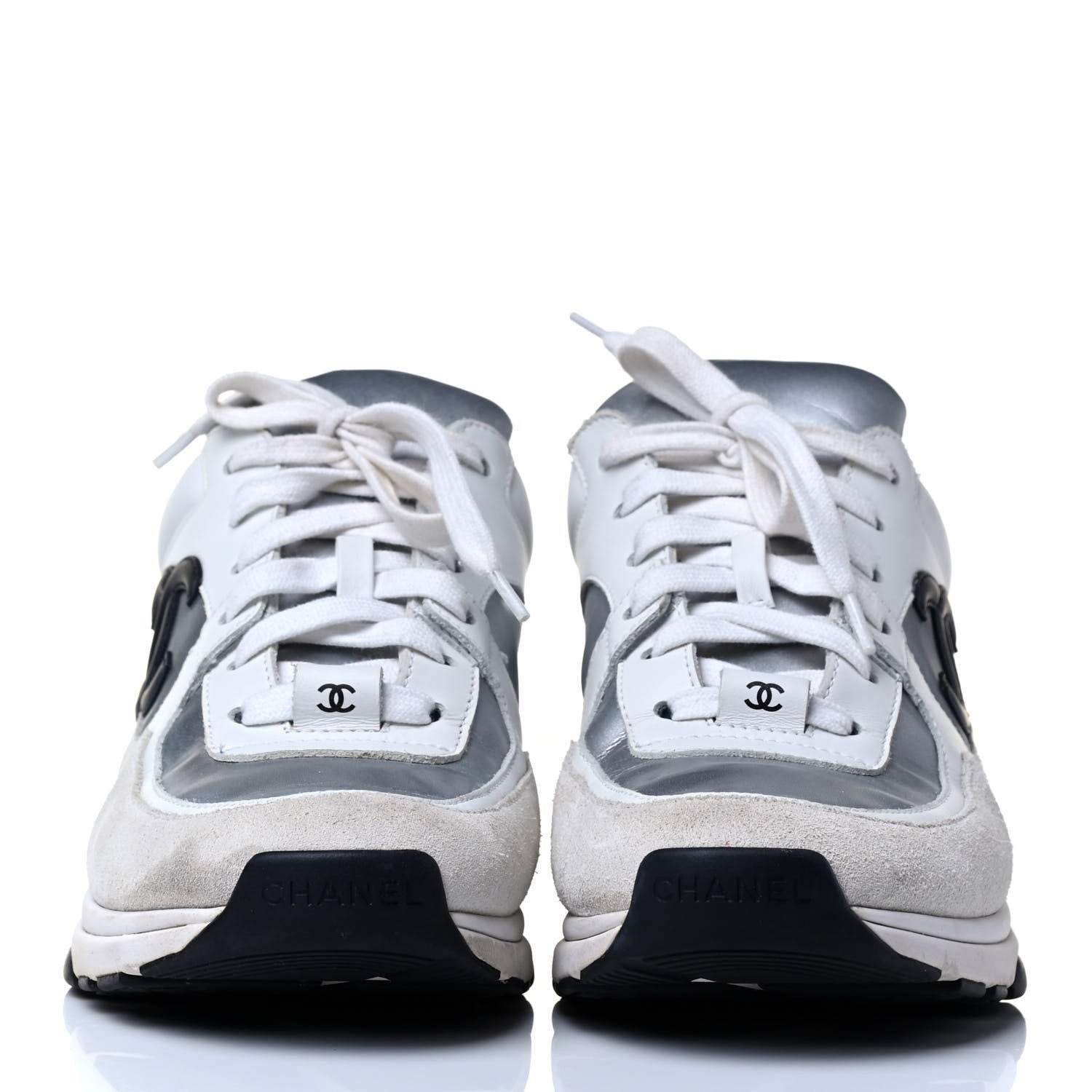 Chanel Suede Calfskin Womens CC Sneakers 37 White Silver Blue 3 of 8
