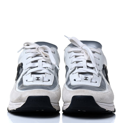 Chanel Suede Calfskin Womens CC Sneakers 37 White Silver Blue 3 of 8