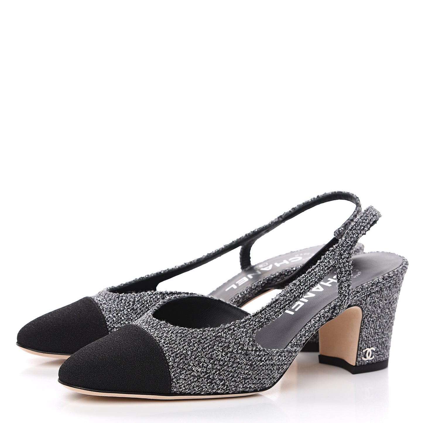 Tweed Cap Toe CC Slingback Pumps 36 Black Grey