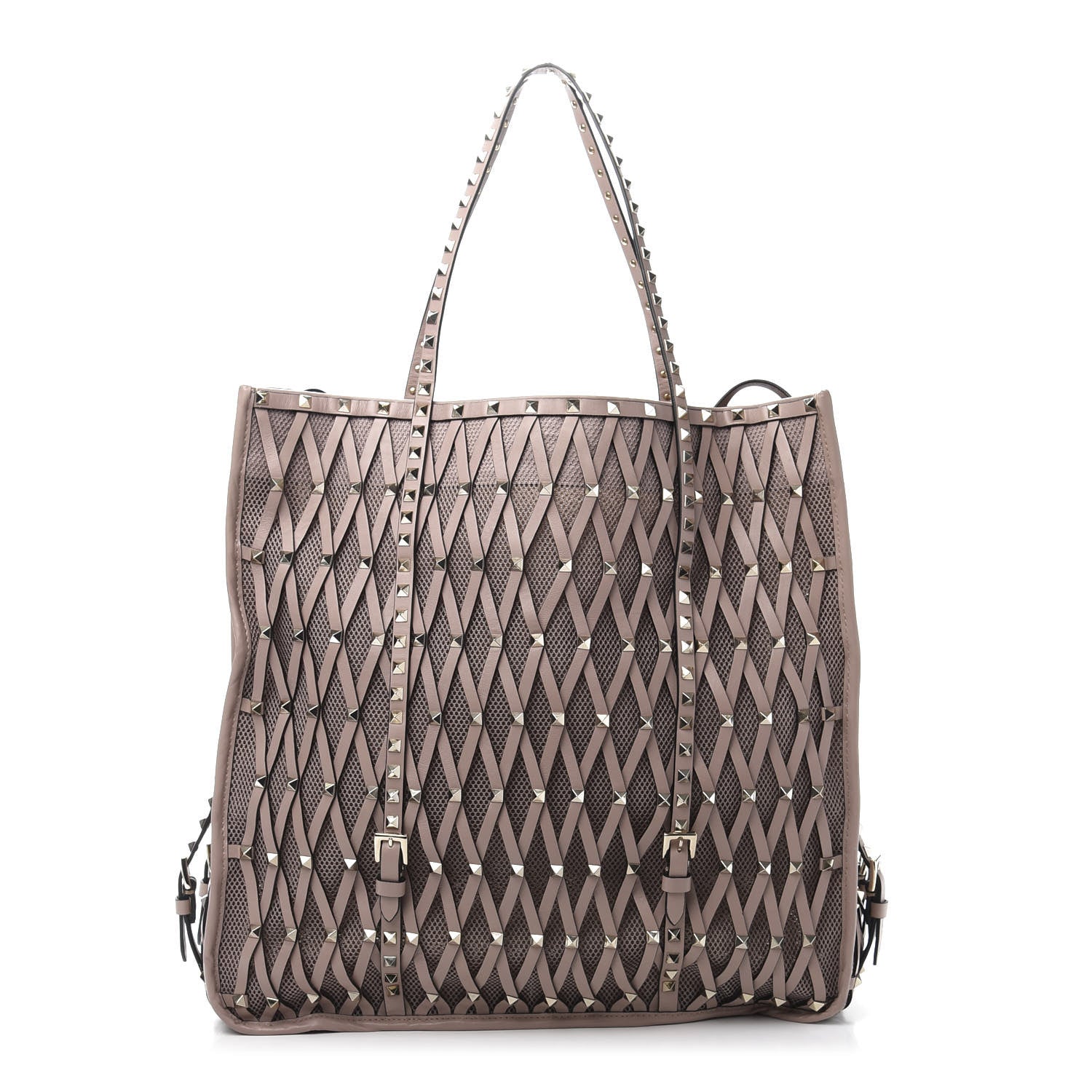 Valentino Garavani Vitello Lattice Mesh Rockstud Shopper Tote Poudre 1 of 11