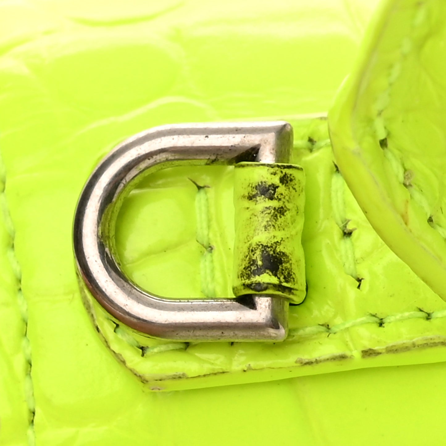 Shiny Calfskin Crocodile Embossed Hourglass Top Handle Bag XS Fluo Yellow