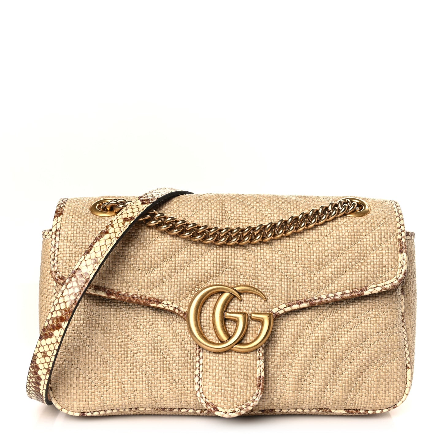Raffia Elaphe Matelasse Small GG Marmont Shoulder Bag Natural Cream Brown