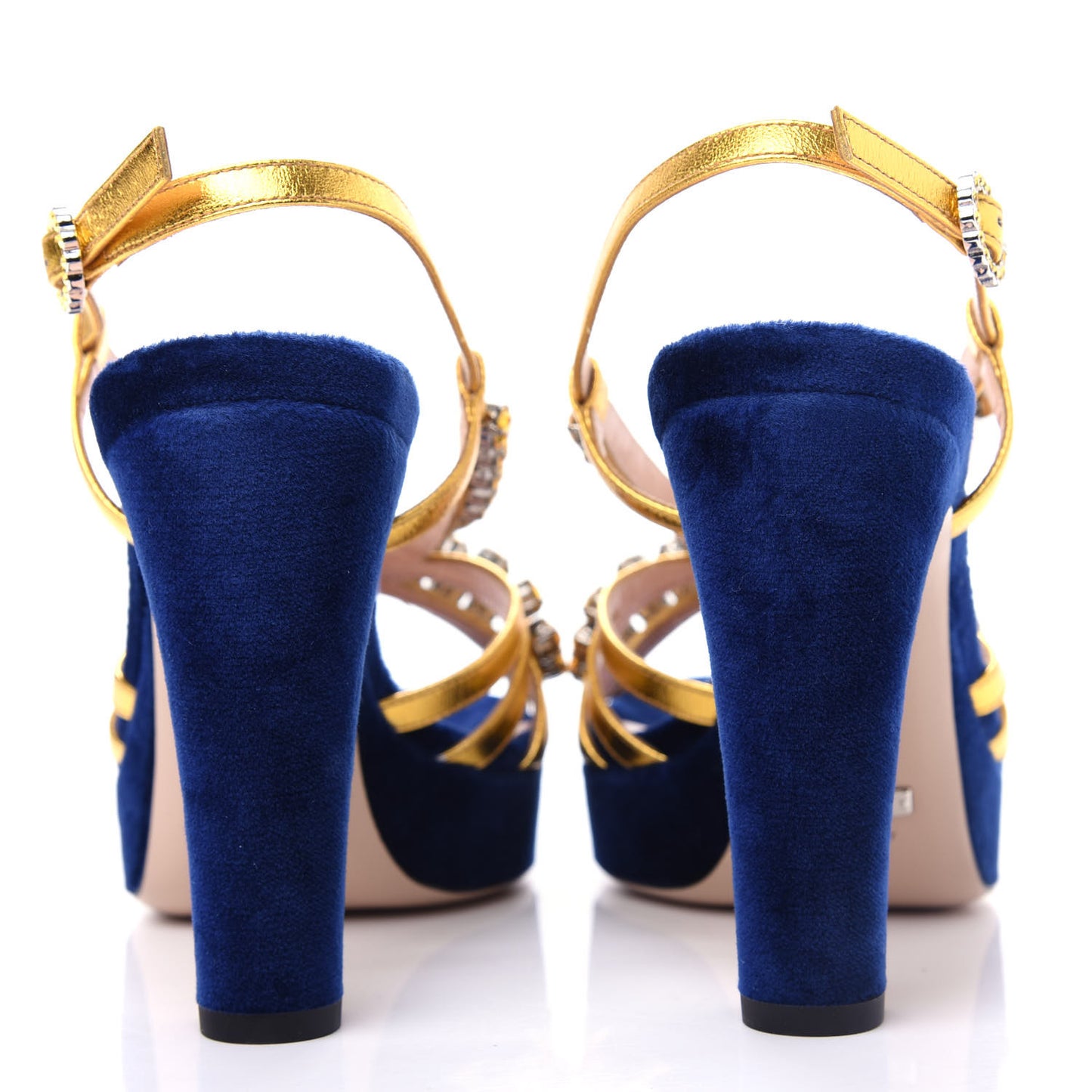 Velvet Nappa Crystal Zephyra Slingback Platform High Heel Sandals 36 Blue Gold