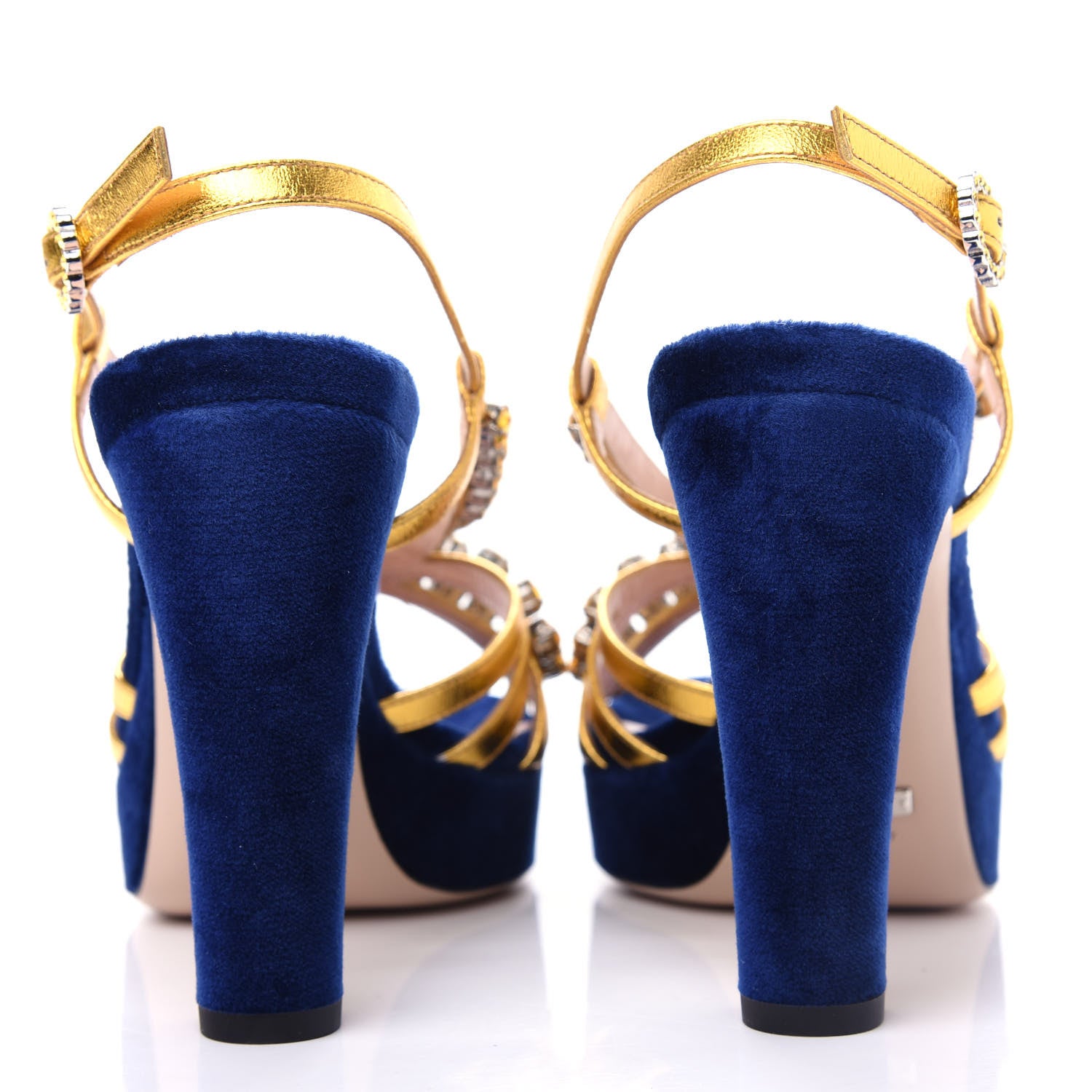 Gucci Velvet Nappa Crystal Zephyra Slingback Platform High Heel Sandals 36 Blue Gold 7 of 11