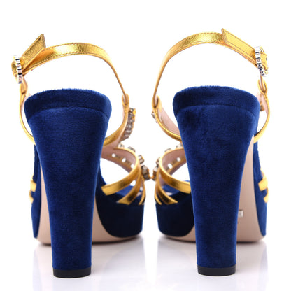 Gucci Velvet Nappa Crystal Zephyra Slingback Platform High Heel Sandals 36 Blue Gold 7 of 11