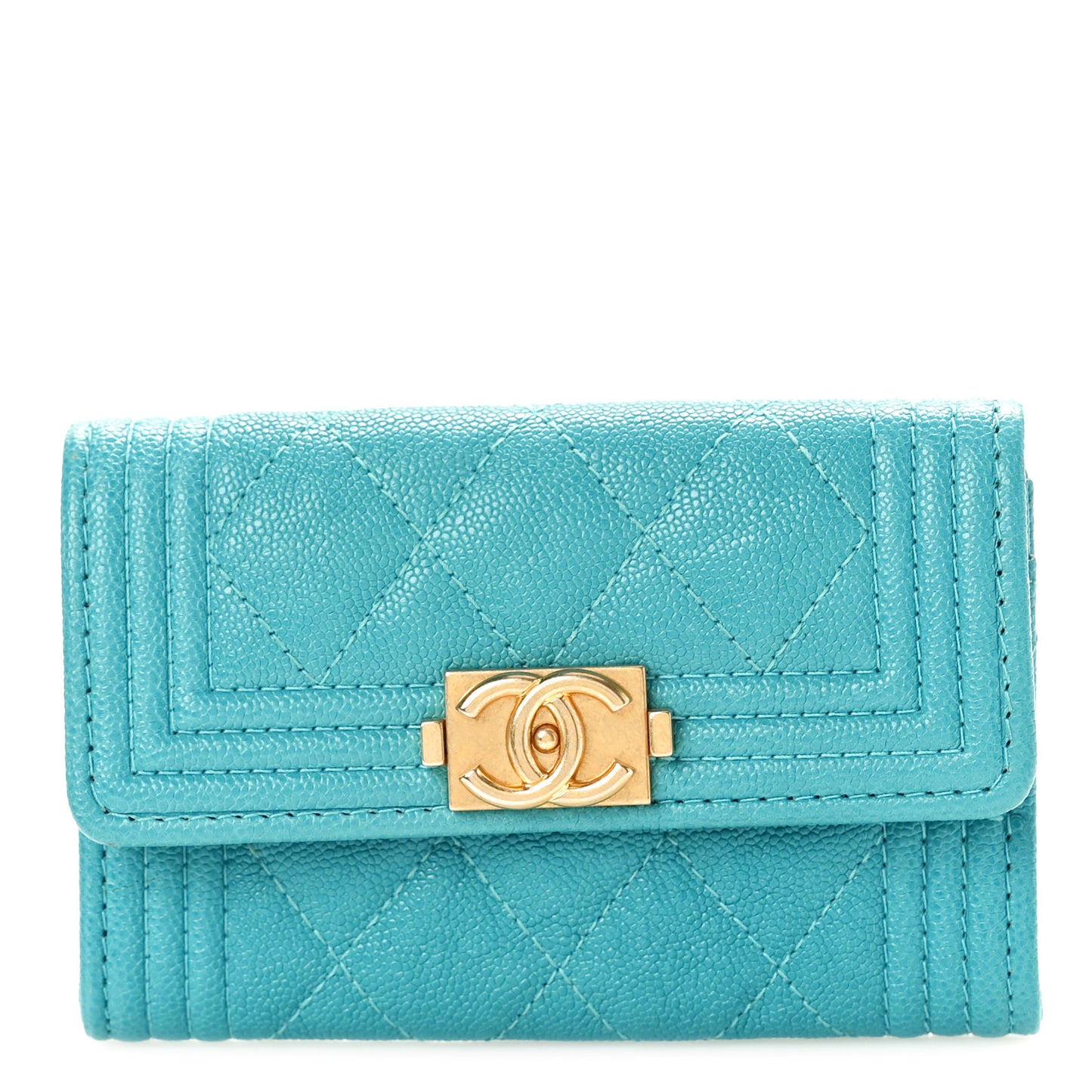 Caviar Quilted Boy Flap Card Holder Turquoise