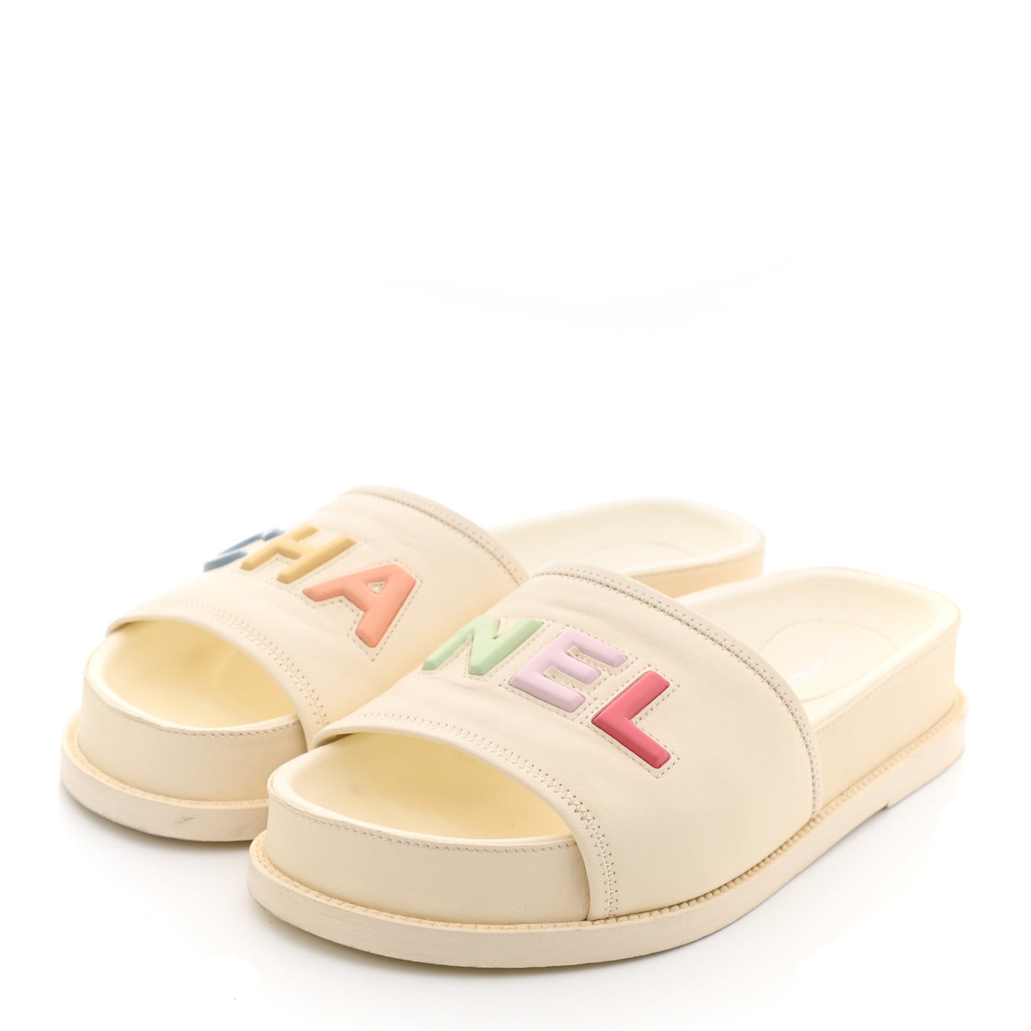 Lambskin Cha-Nel Mule Sandals 40 Ivory Multicolor