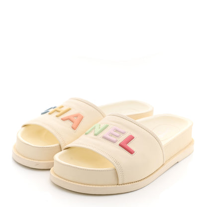 Chanel Lambskin Cha-Nel Mule Sandals 40 Ivory Multicolor 3 of 12