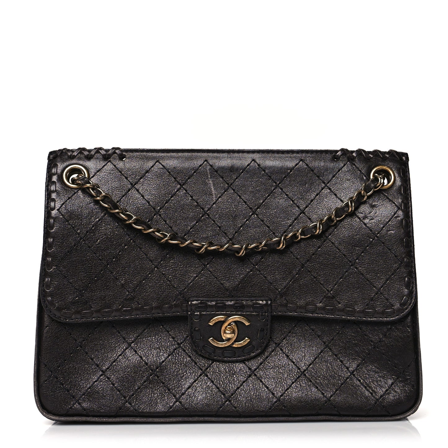 Calfskin Stitched Large Vintage Flap Dark Brown
