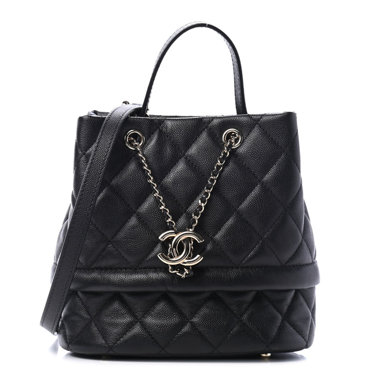 Caviar Quilted Rolled Up Bucket Drawstring Bag Black
