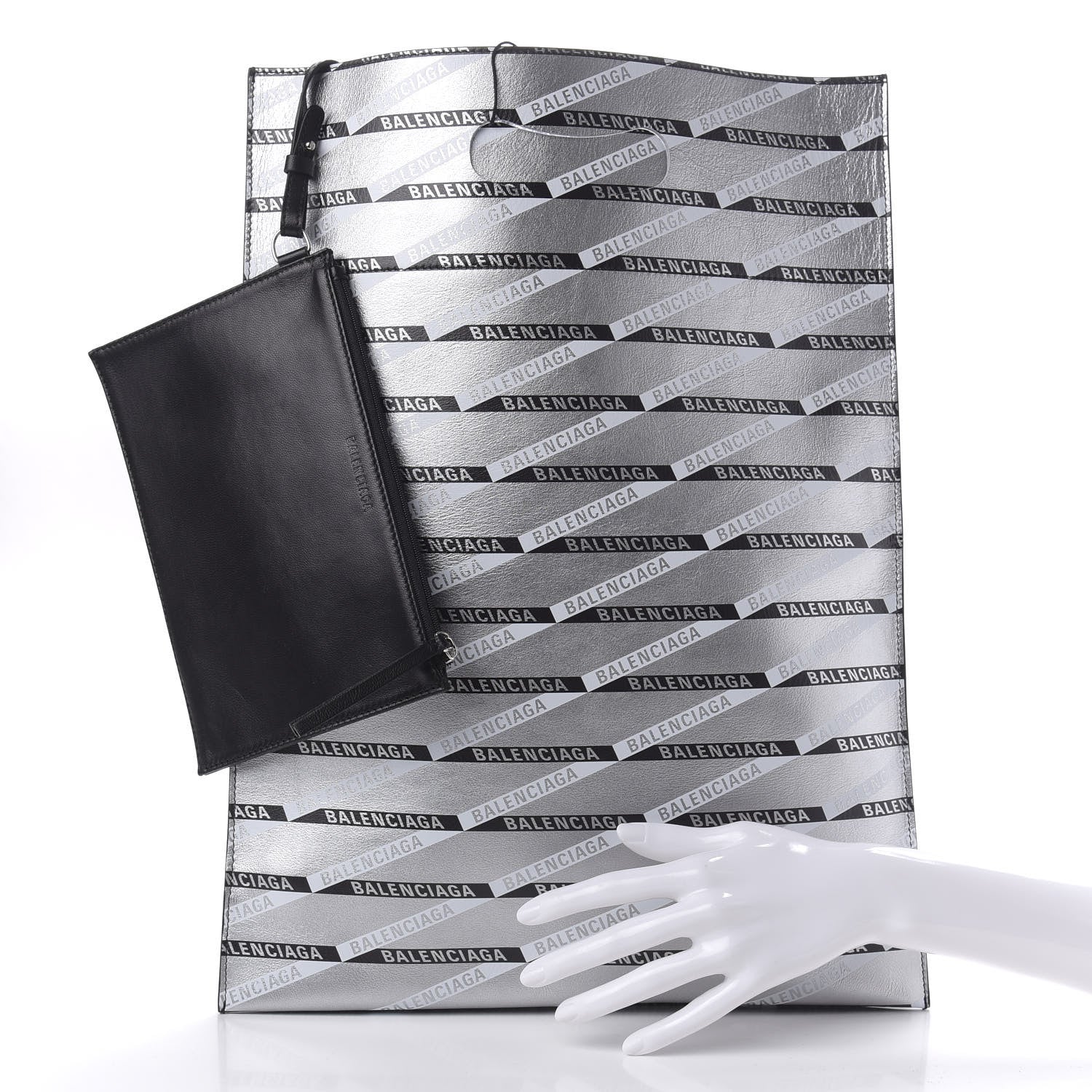 Balenciaga Metallic Calfskin Losange Monogram Plastic Bag Shopper S Silver Black White 2 of 10