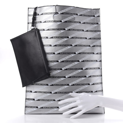 Balenciaga Metallic Calfskin Losange Monogram Plastic Bag Shopper S Silver Black White 2 of 10