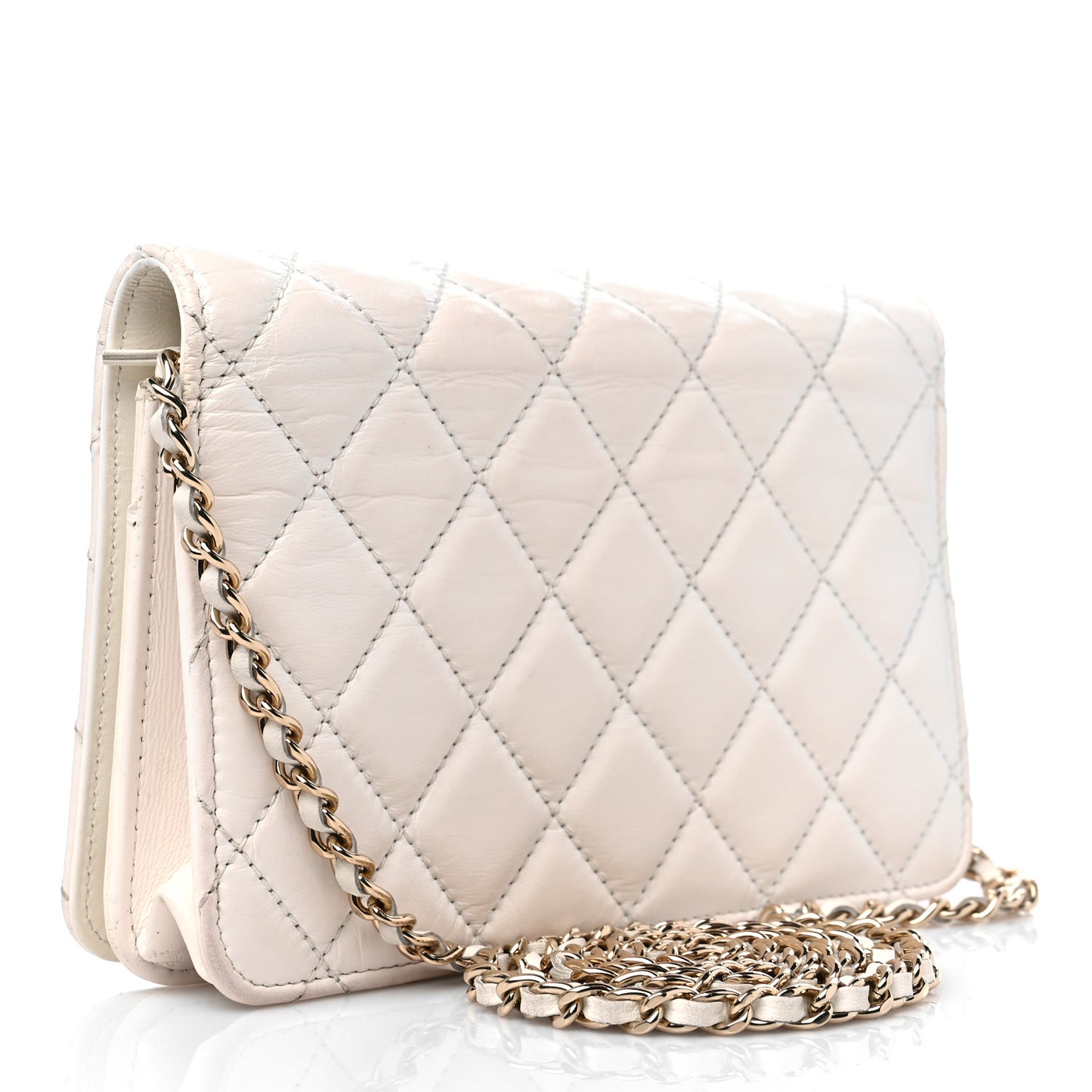 Aged Calfskin Chevron Wallet On Chain WOC White