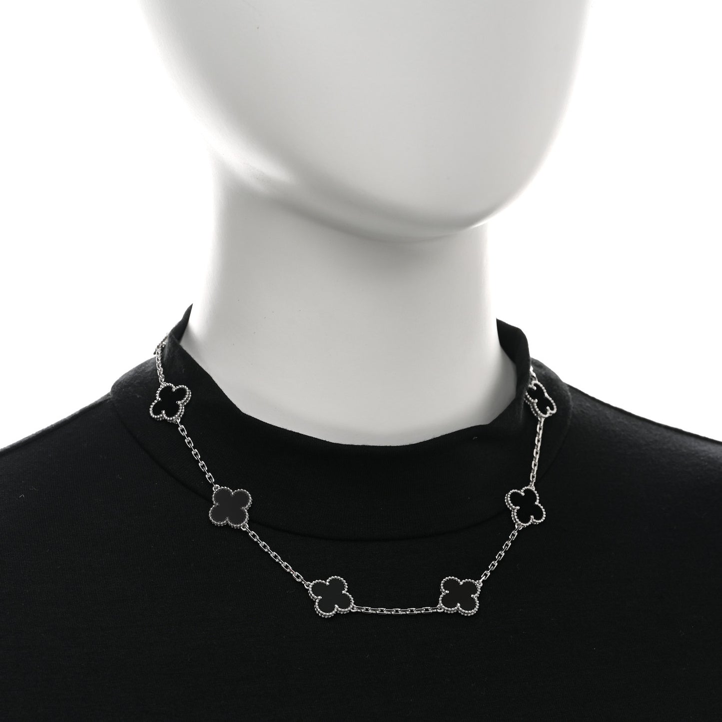 18K White Gold Black Onyx 10 Motifs Vintage Alhambra Necklace