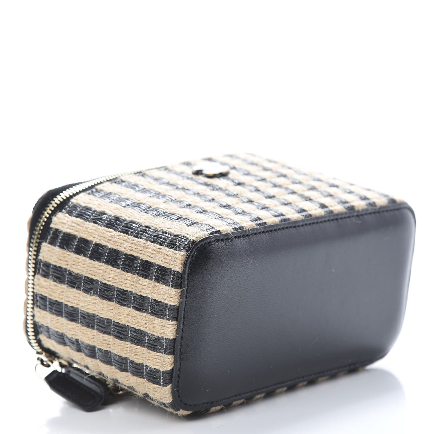 Raffia Jute Striped Small Vanity Case With Chain Black Beige