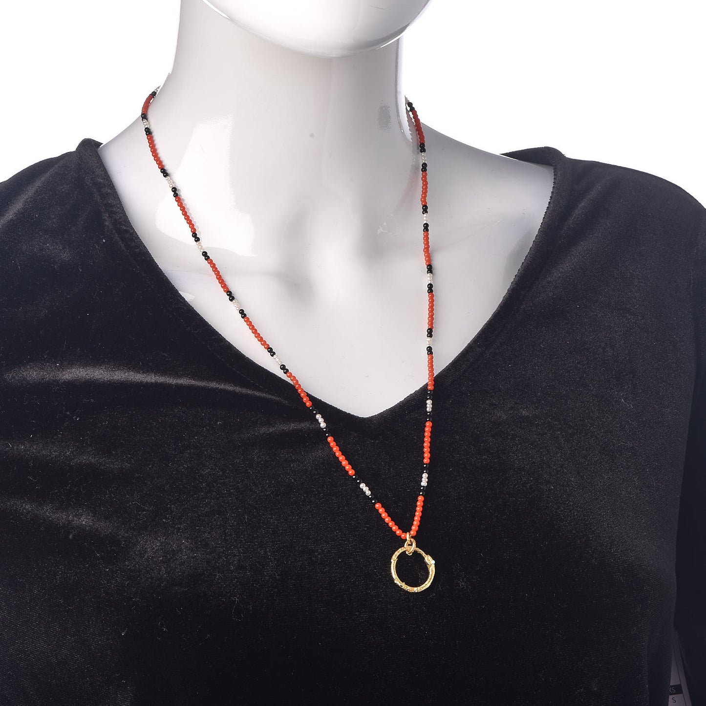 18K Yellow Gold Coral Black Onyx Freshwater Pearl Turquoise Ouroboros Pendant Necklace