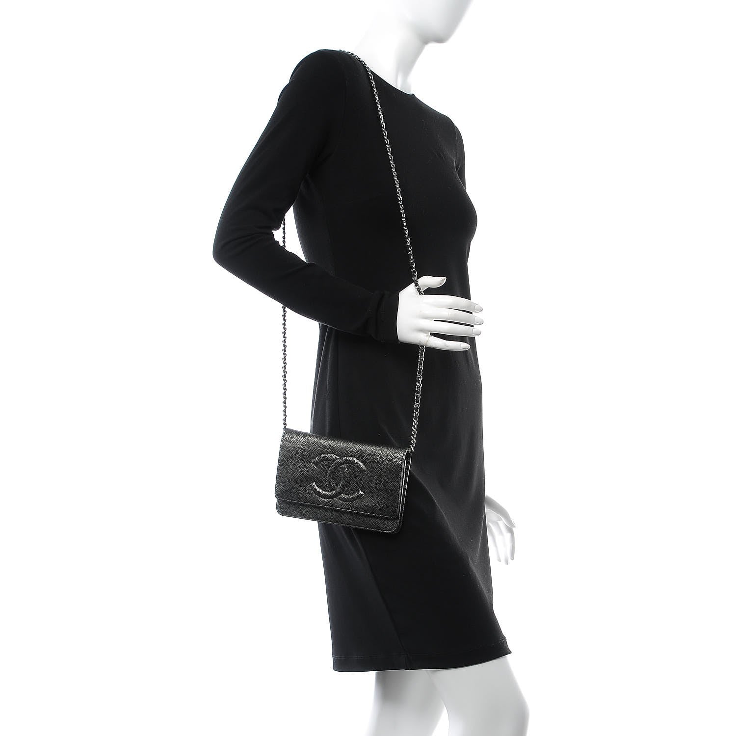 Chanel Metallic Caviar Timeless CC Wallet On Chain WOC Dark Silver 2 of 9