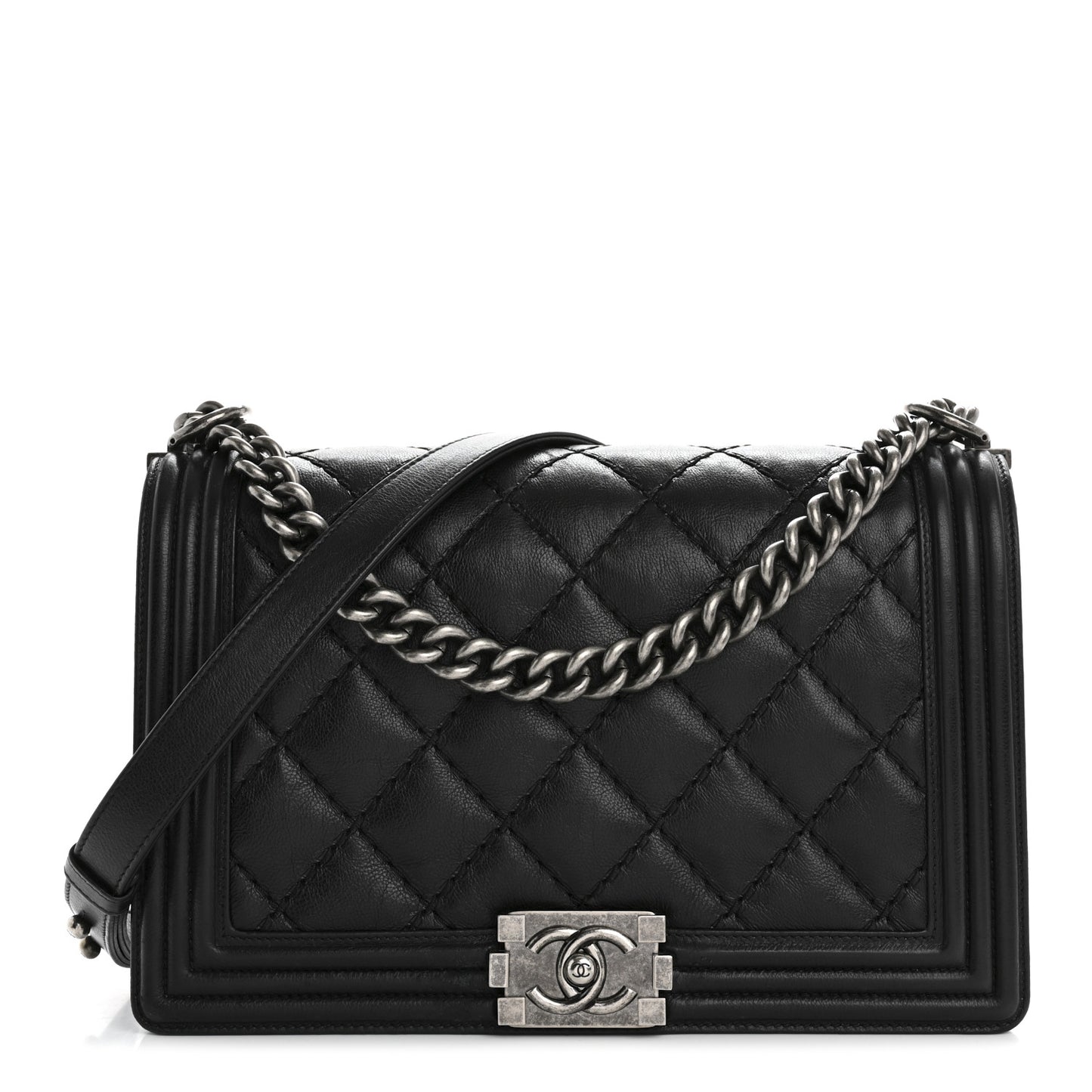 Calfskin Quilted Double Stitch New Medium Boy Flap Black