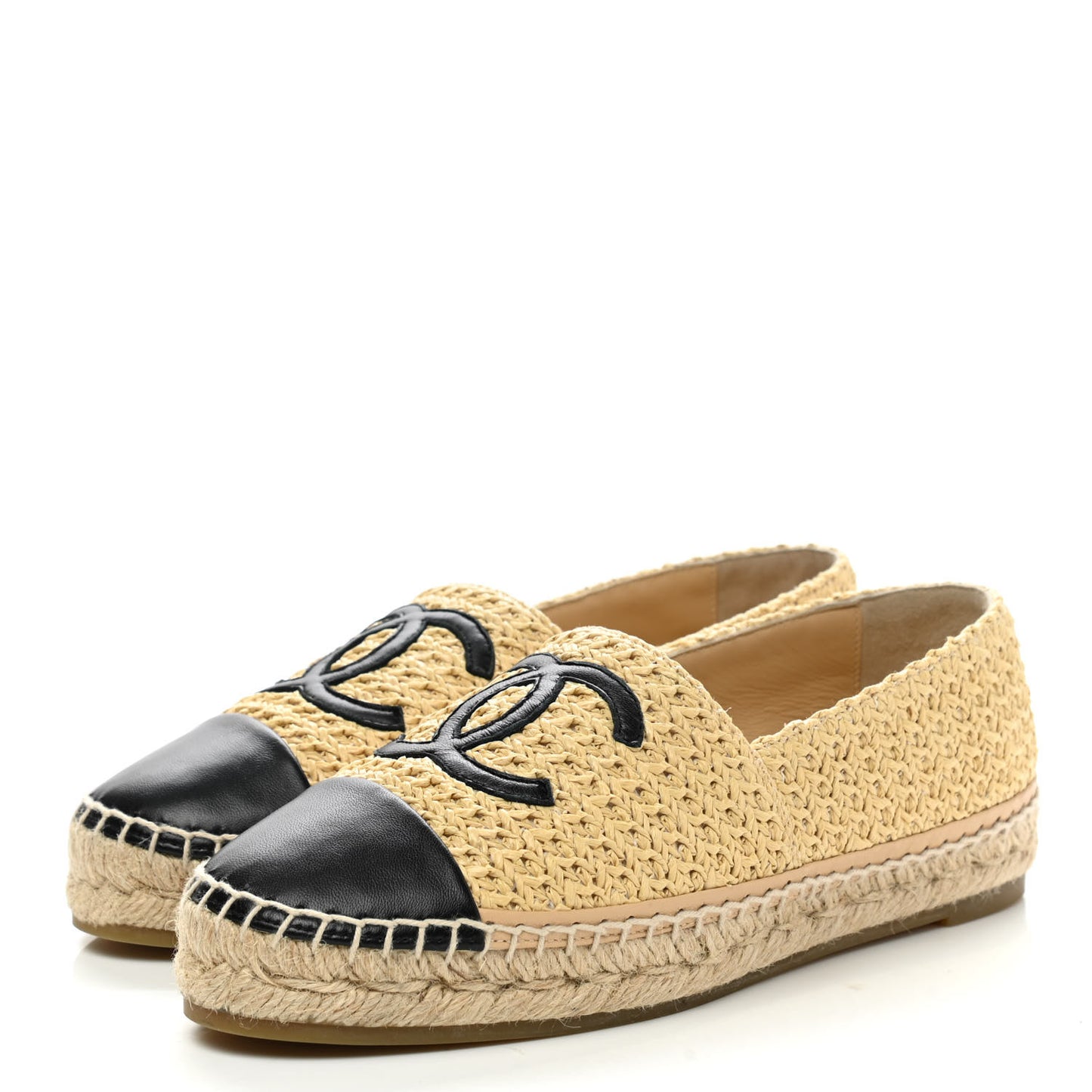 Braided Fabric Lambskin CC Espadrilles 38 Beige Black