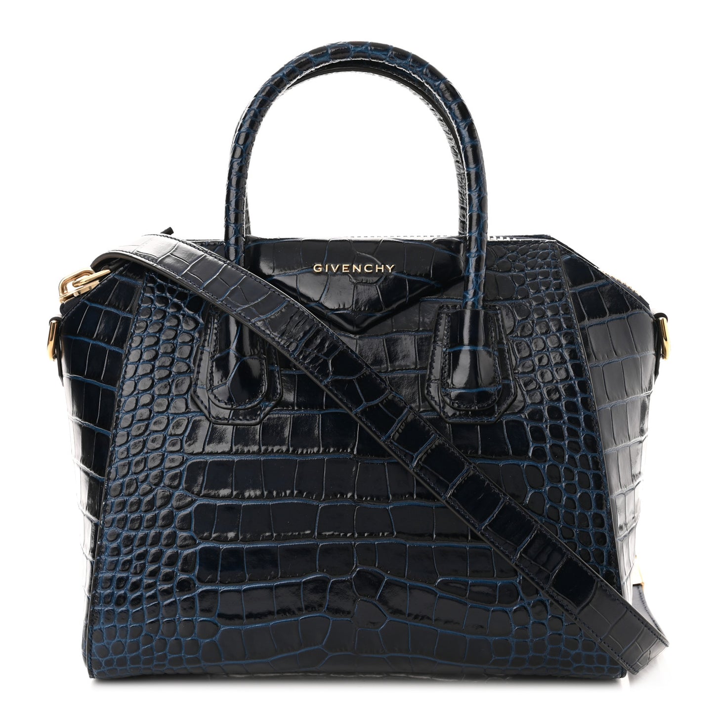 Calfskin Crocodile Embossed Small Antigona Deep Blue