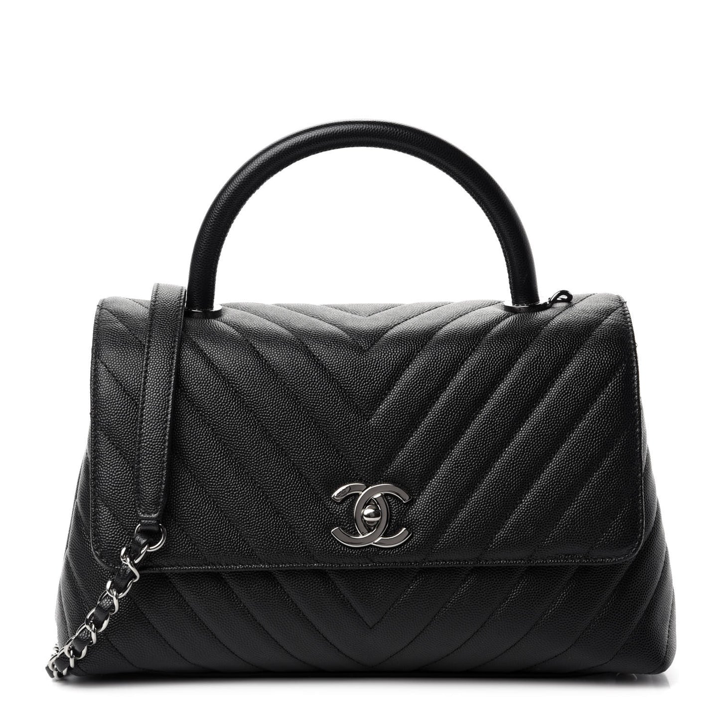 Caviar Chevron Quilted Small Coco Handle Flap Black