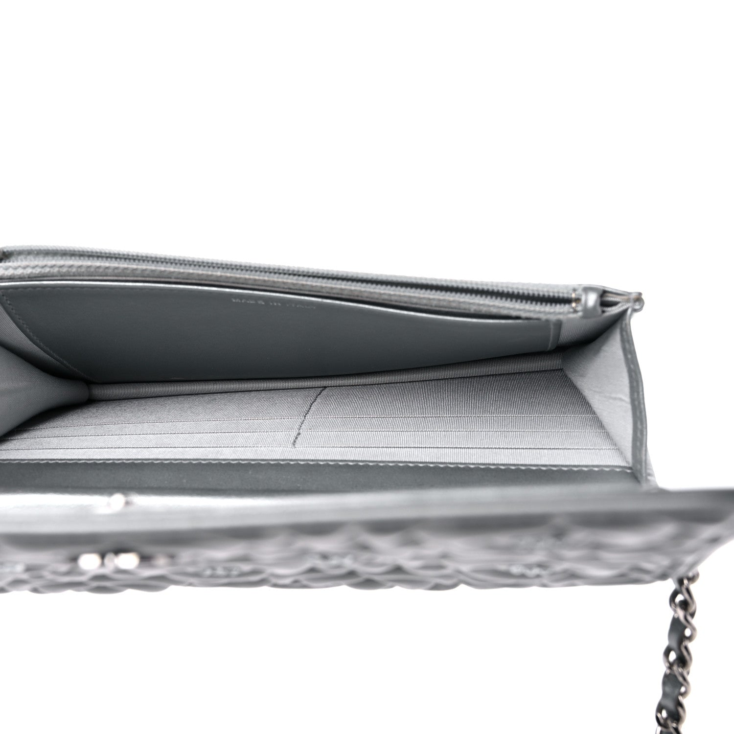 Chanel Metallic Lambskin Crystal Camellia Embossed Wallet On Chain WOC Silver 5 of 12