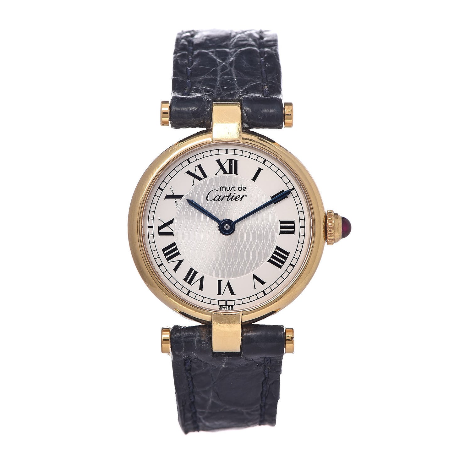 Sterling Silver Vermeil Alligator 23mm Must De Cartier Round Quartz Watch Blue