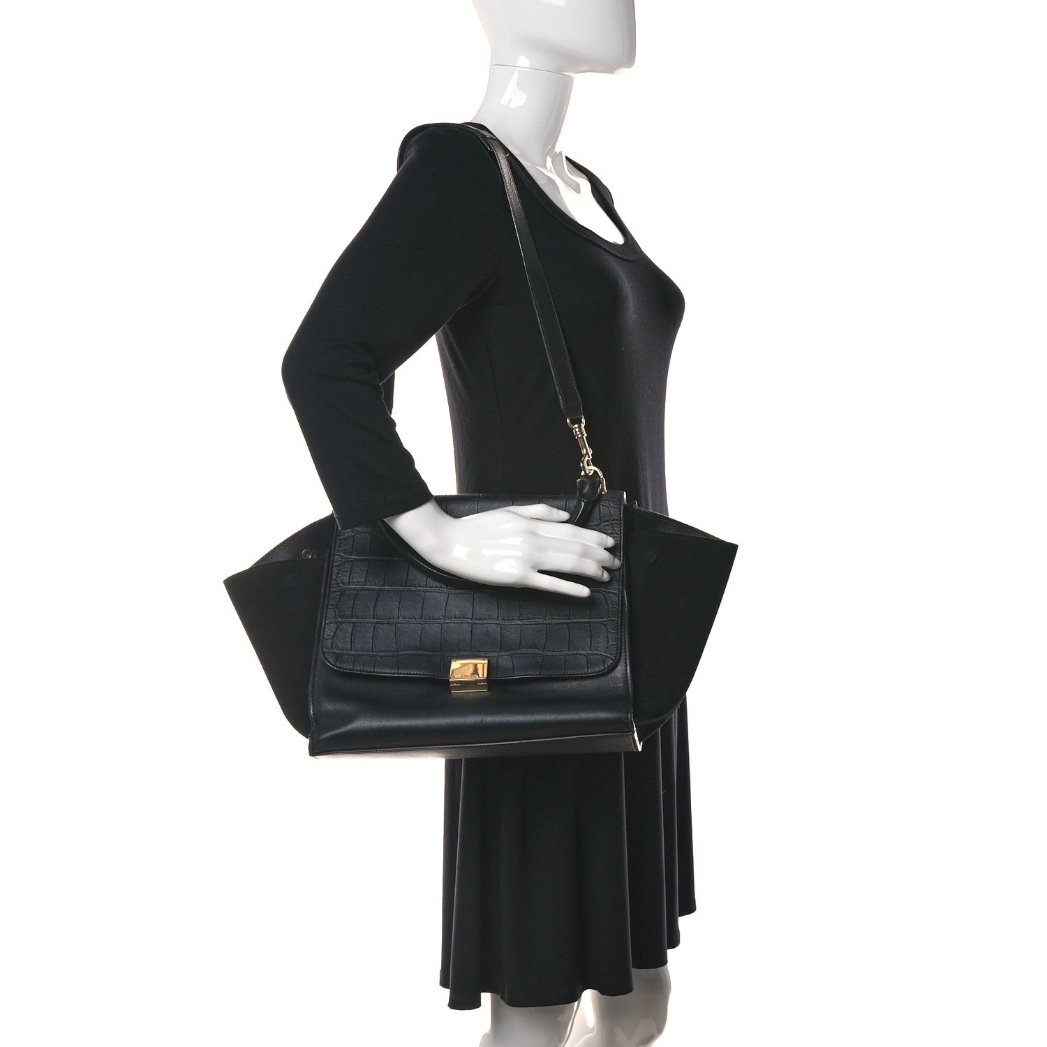 Celine Crocodile Embossed Calfskin Suede Medium Trapeze Black 3 of 15