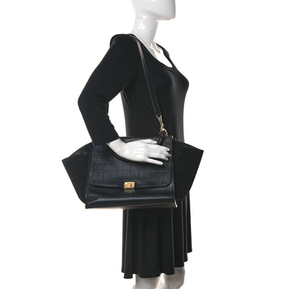 Celine Crocodile Embossed Calfskin Suede Medium Trapeze Black 3 of 15