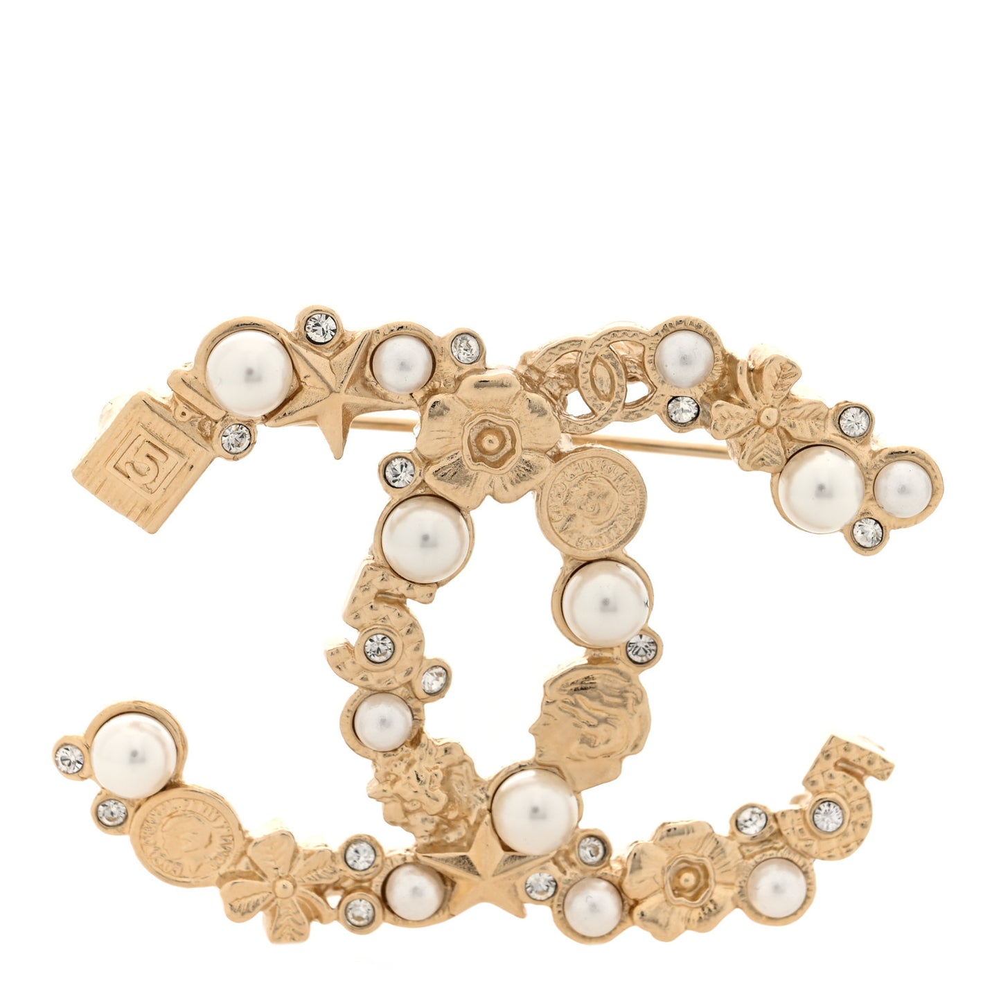 Crystal Pearl CC Charms Brooch Gold