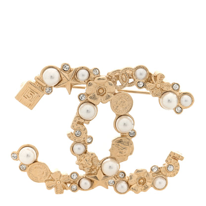 Chanel Crystal Pearl CC Charms Brooch Gold 1 of 4