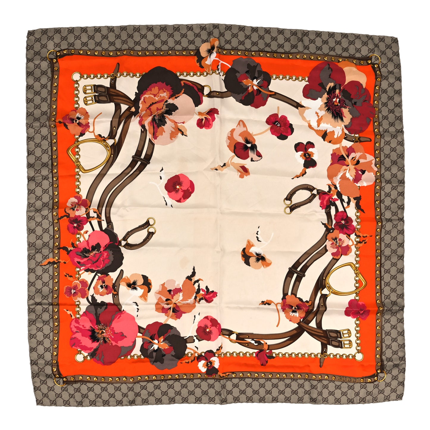 Silk Twill GG Monogram New Panshie Square Scarf Orange Pink