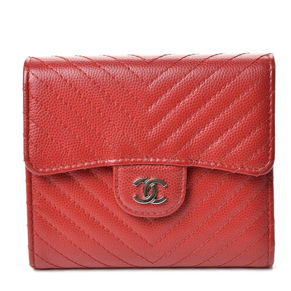 Chanel Caviar Chevron Quilted Compact Flap Wallet Dark Red 1 of 11