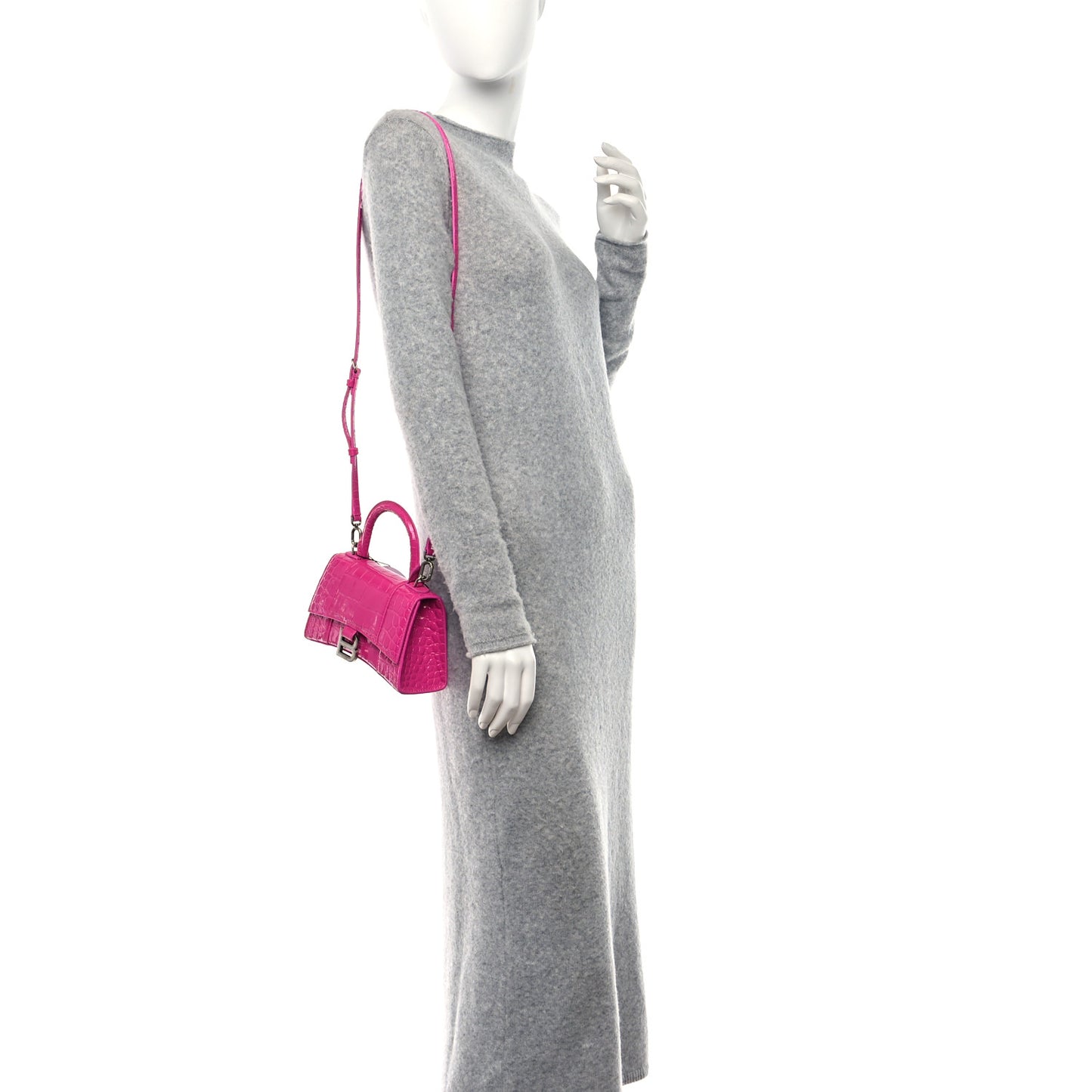 Shiny Calfskin Crocodile Embossed Hourglass Top Handle Bag XS Lipstick Pink