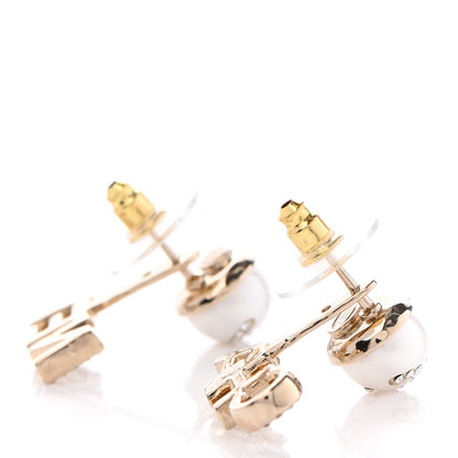 Chanel Pearl Crystal Logo Earrings Gold Pearly White 5 of 5