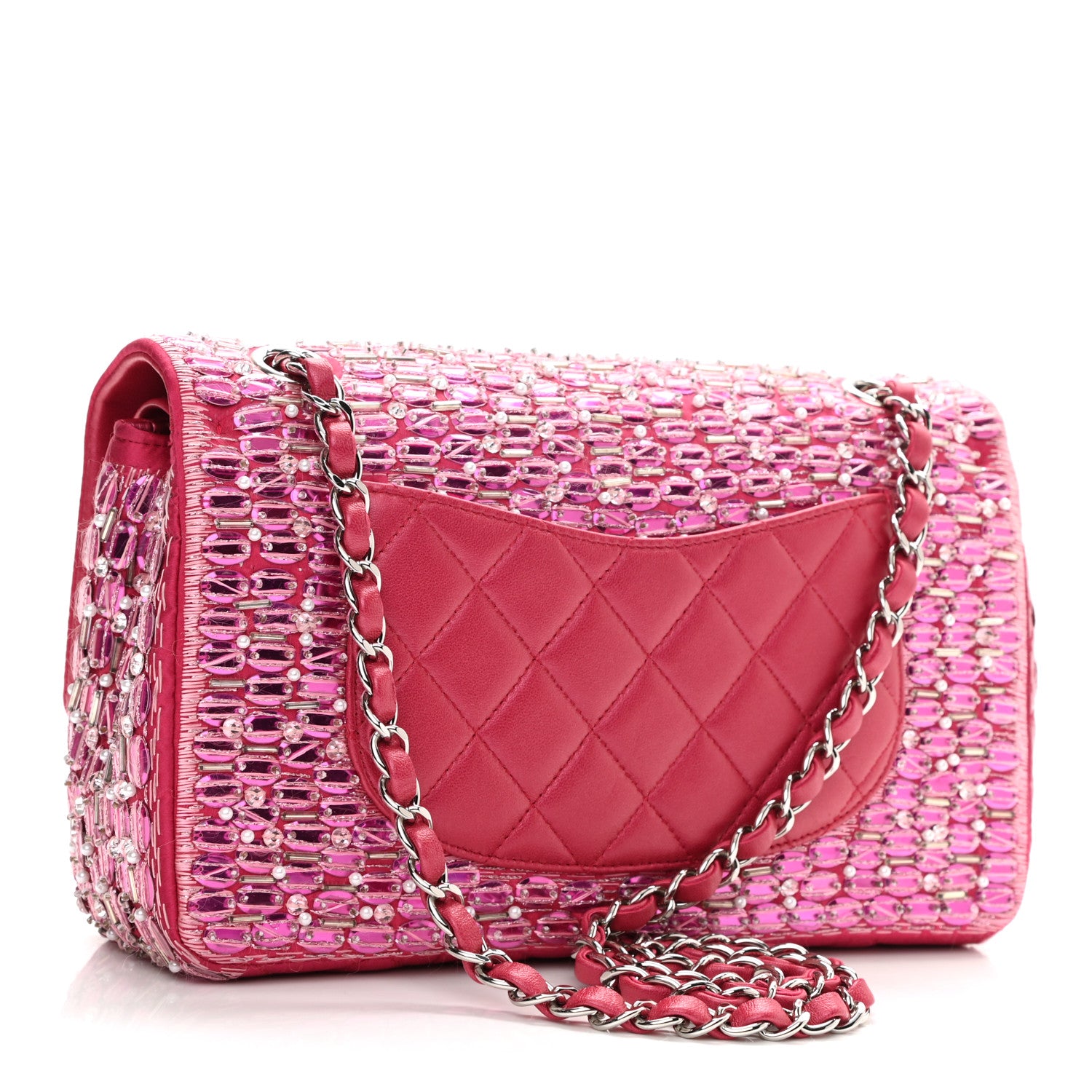 Chanel Satin Pearl Beaded Medium Flap Pink 3 of 11