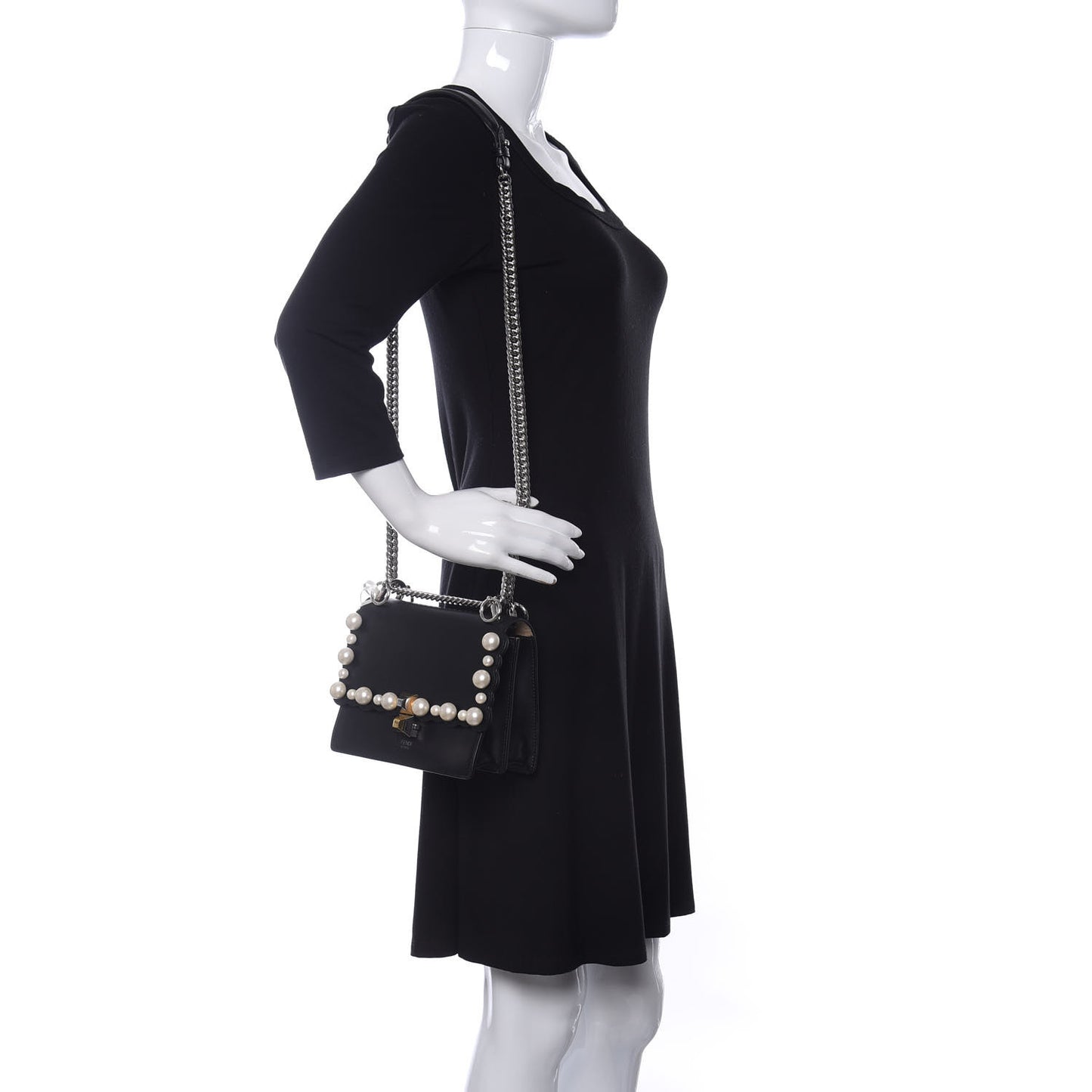 Vitello Liberty Pearl Scalloped Studded Small Kan I Shoulder Bag Black