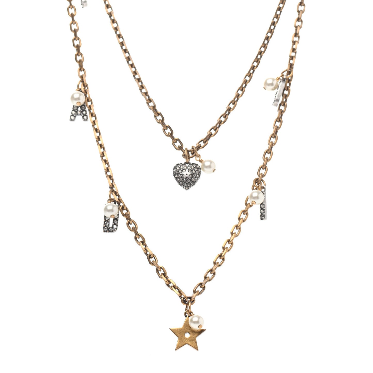 Metal Crystal Pearl Star Multi Strand Necklace Aged Gold