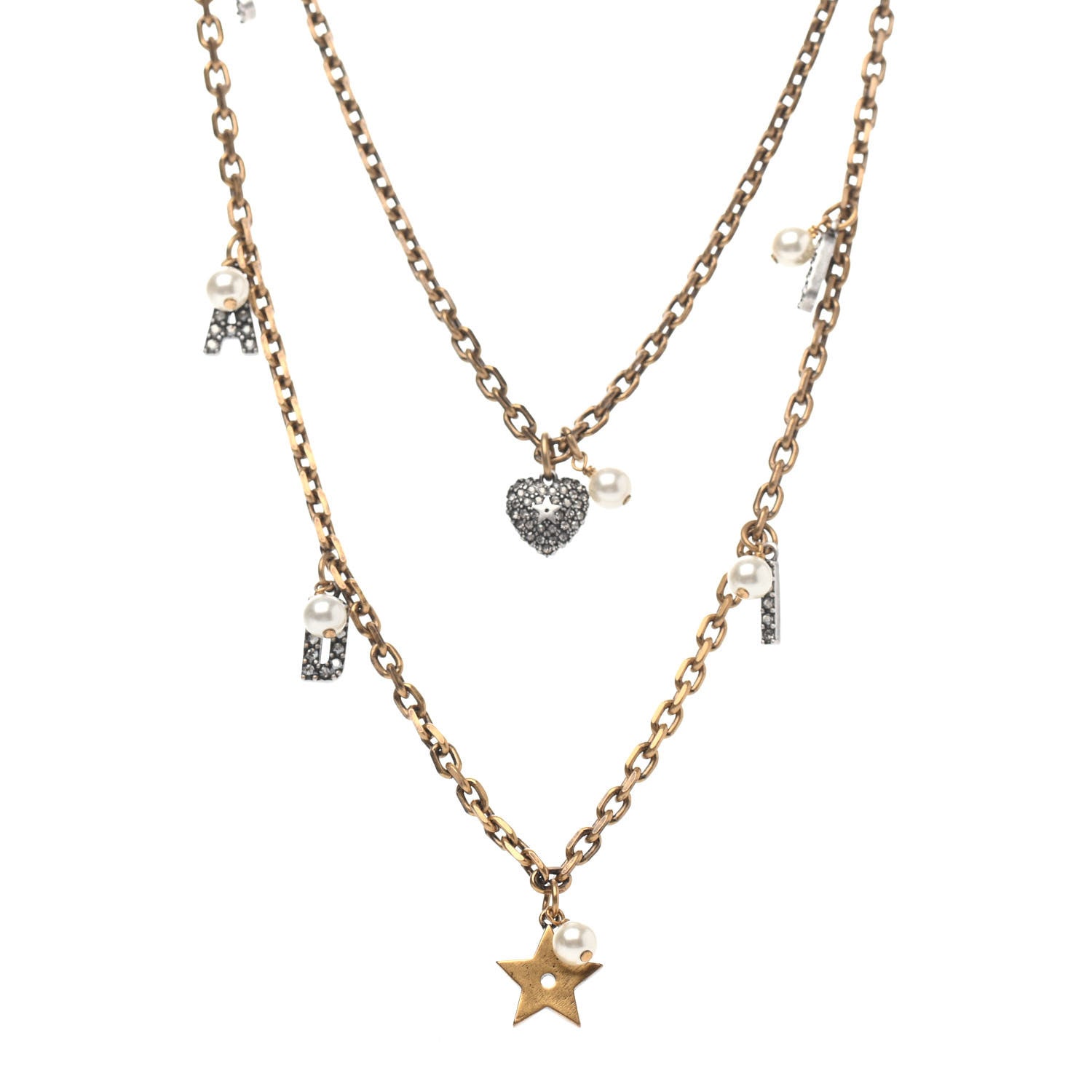 Christian Dior Metal Crystal Pearl Star Multi Strand Necklace Aged Gold 1 of 4